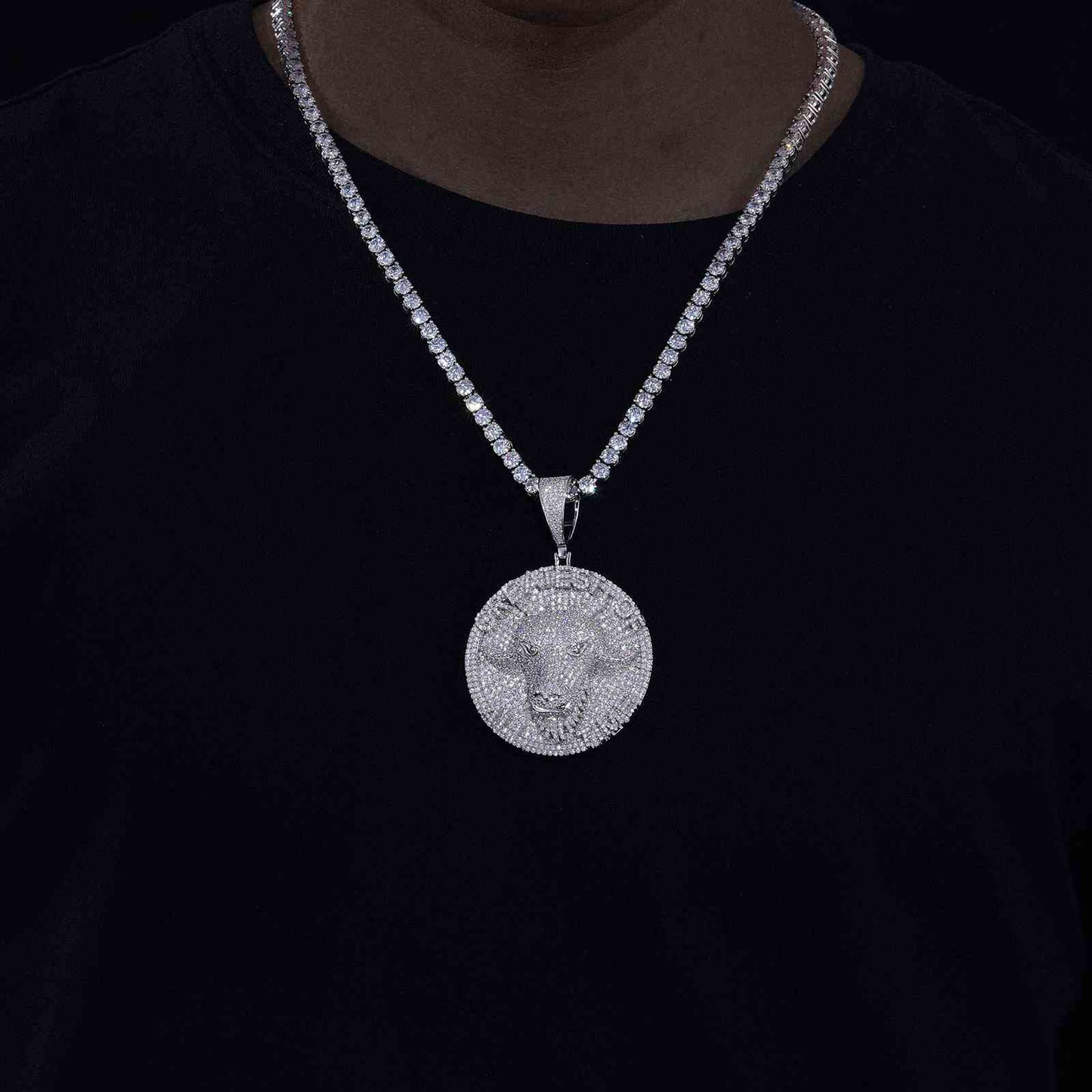 Goat Pendant with a Round Tag with Moissanite Diamond