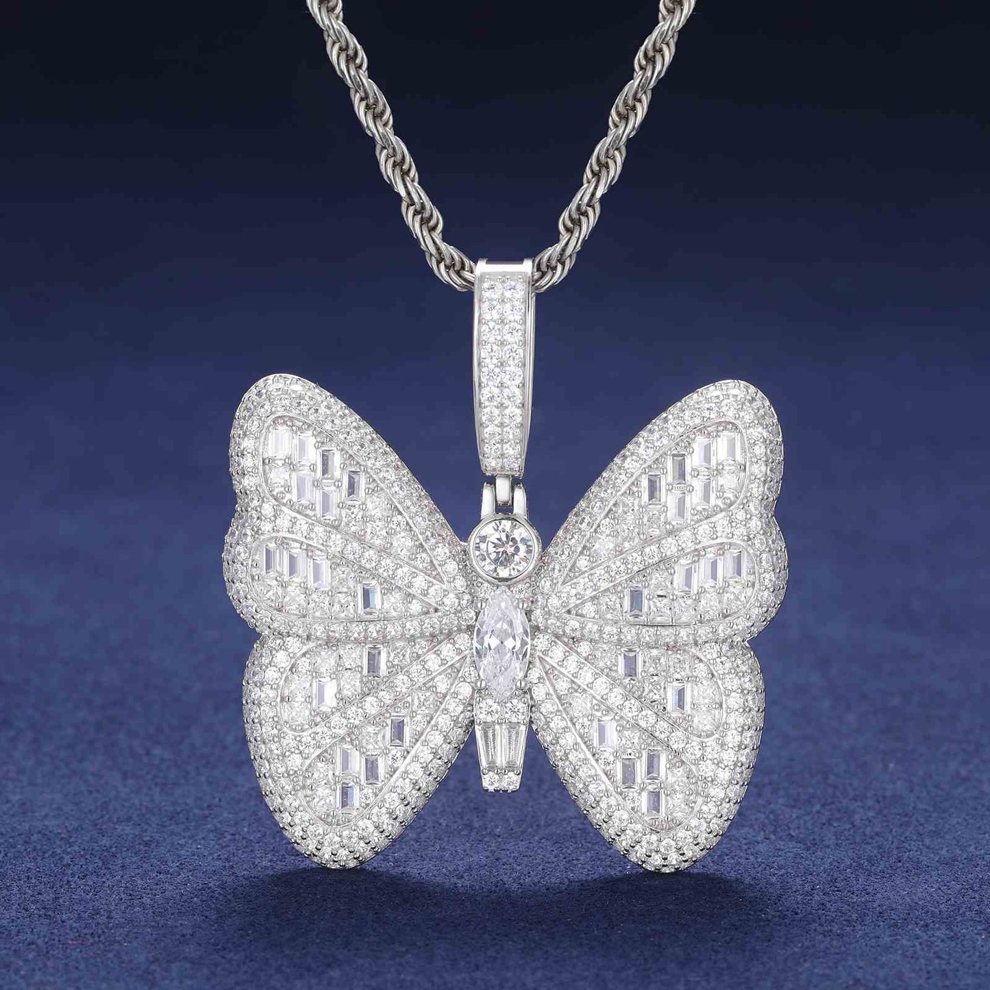 Pendant of a Micro Baguette Butterfly with Moissanite Diamond