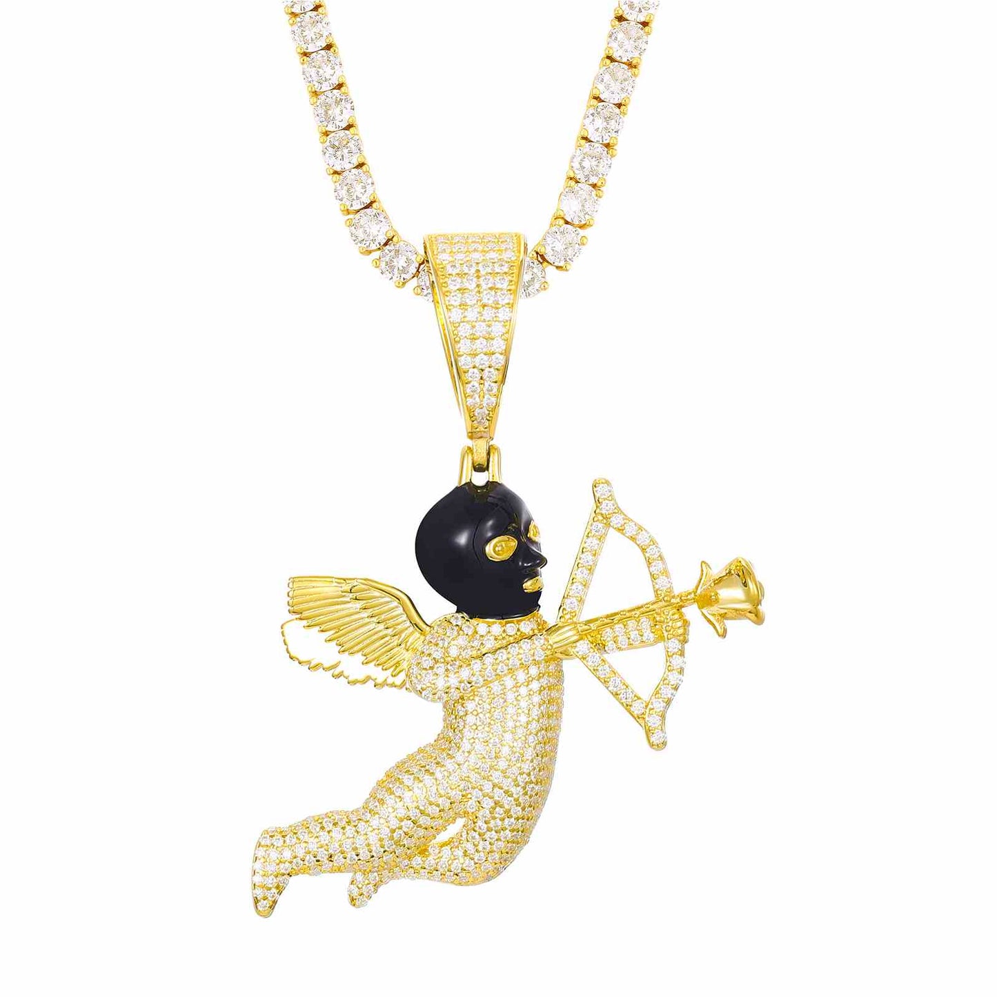 Pendant of an Angelic Cupid and a Black Masked Eros Arrow with Moissanite Diamond