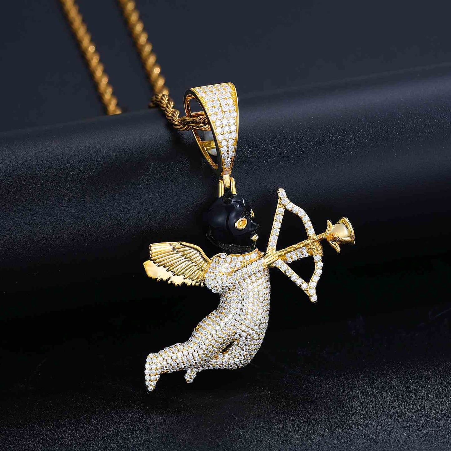 Pendant of an Angelic Cupid and a Black Masked Eros Arrow with Moissanite Diamond