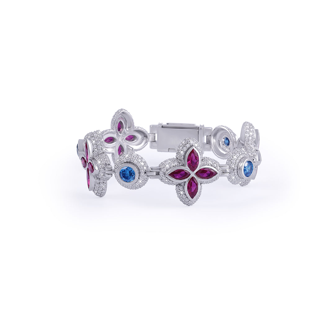 Floral Ruby & Sapphire Blossom Bracelet in White Gold-DX-BC-0104
