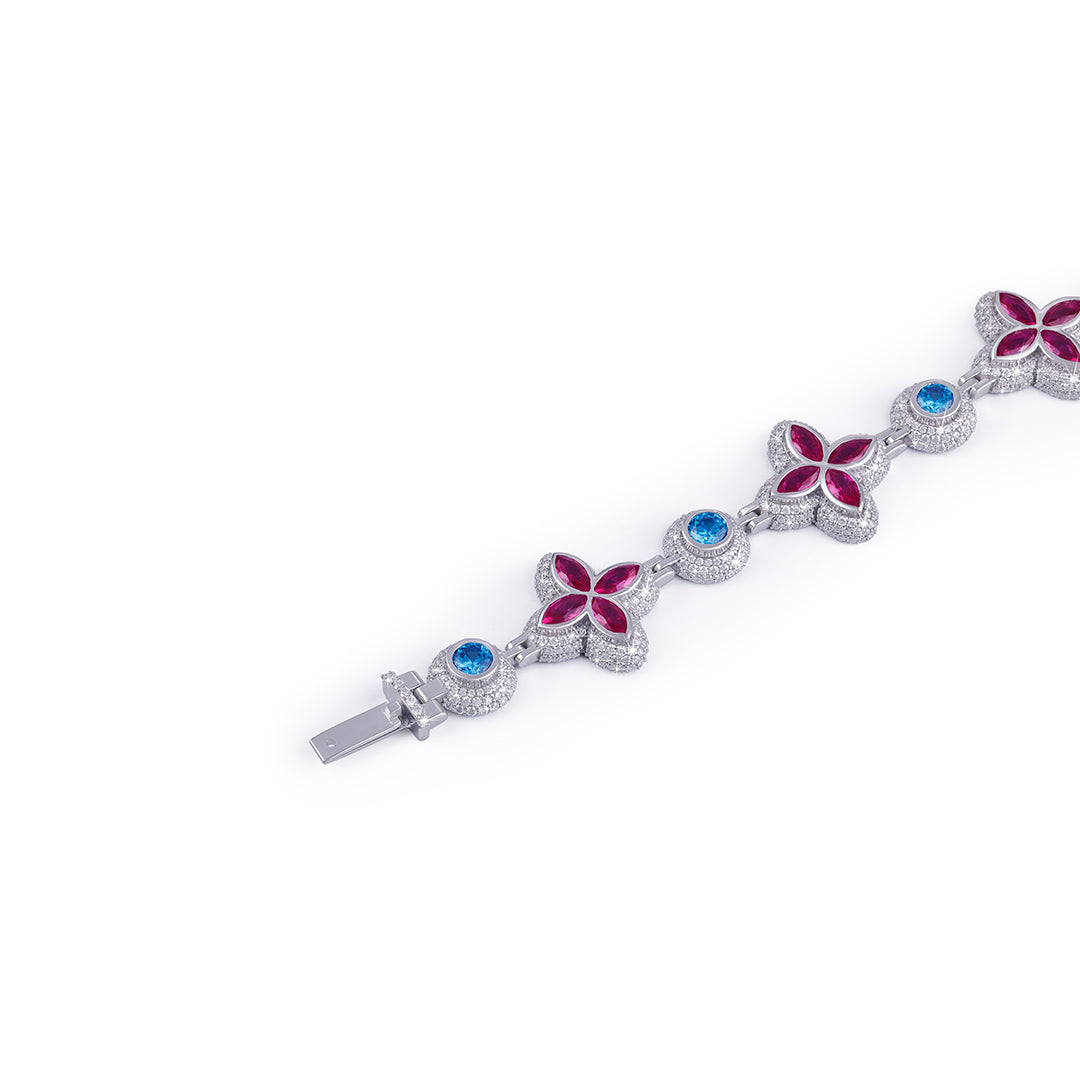 Floral Ruby & Sapphire Blossom Bracelet in White Gold-DX-BC-0104