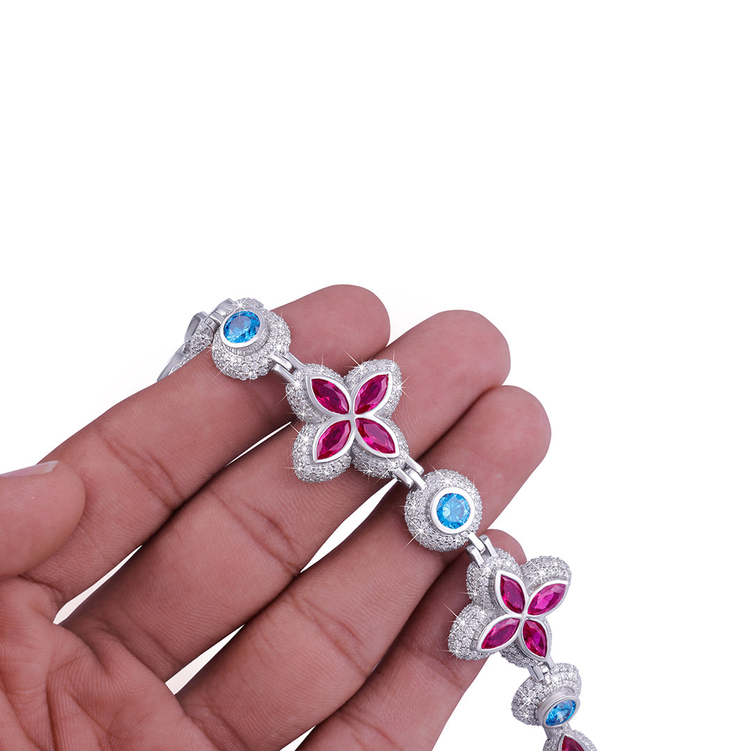 Floral Ruby & Sapphire Blossom Bracelet in White Gold-DX-BC-0104