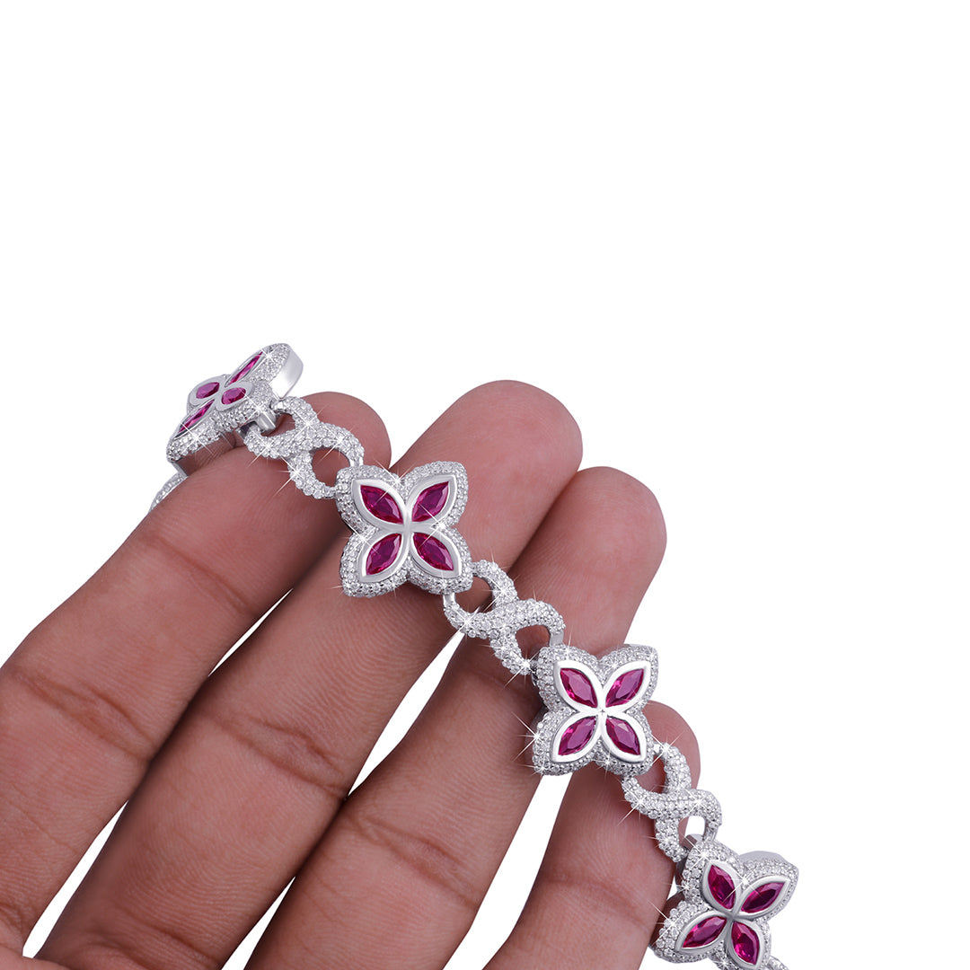 Luxury Ruby Flower Bracelet with Diamond Accents-DX-BC-0105