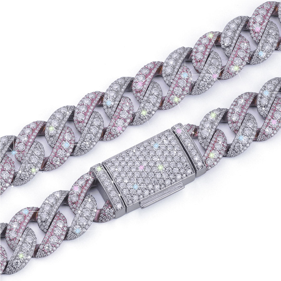 Dual Tone Pink & White Diamond Cuban Link Chain-DX-CN-0104