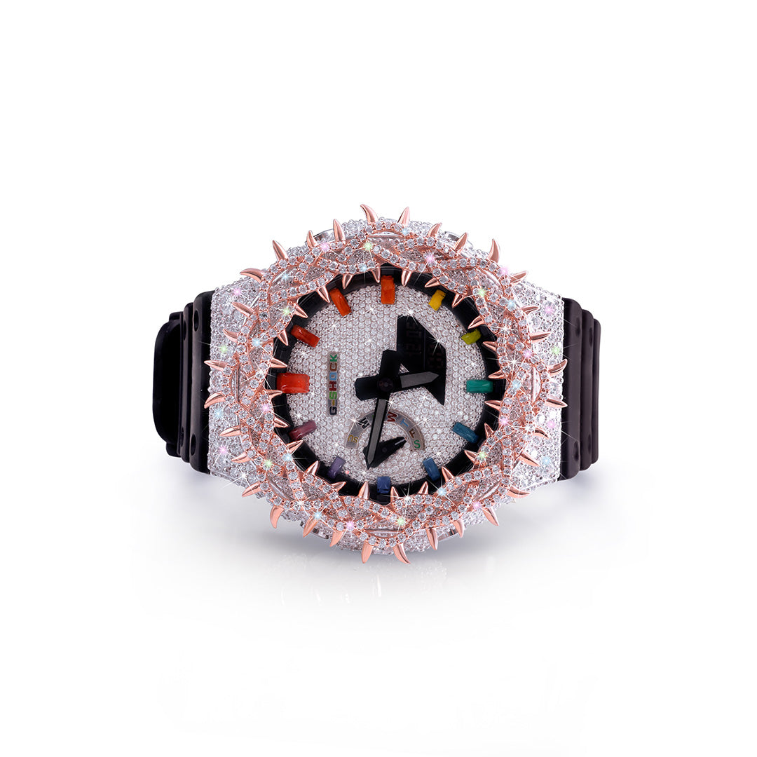 Rainbow Inferno: Diamond-Encrusted G-Shock with Rose Gold Flame Bezel