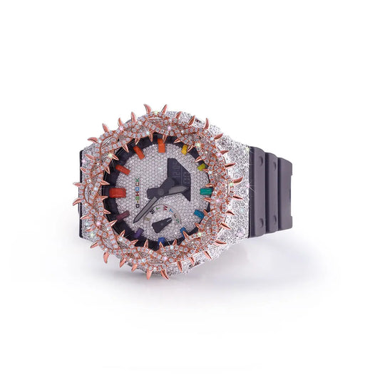 Rainbow Inferno: Diamond-Encrusted G-Shock with Rose Gold Flame Bezel Diamlux
