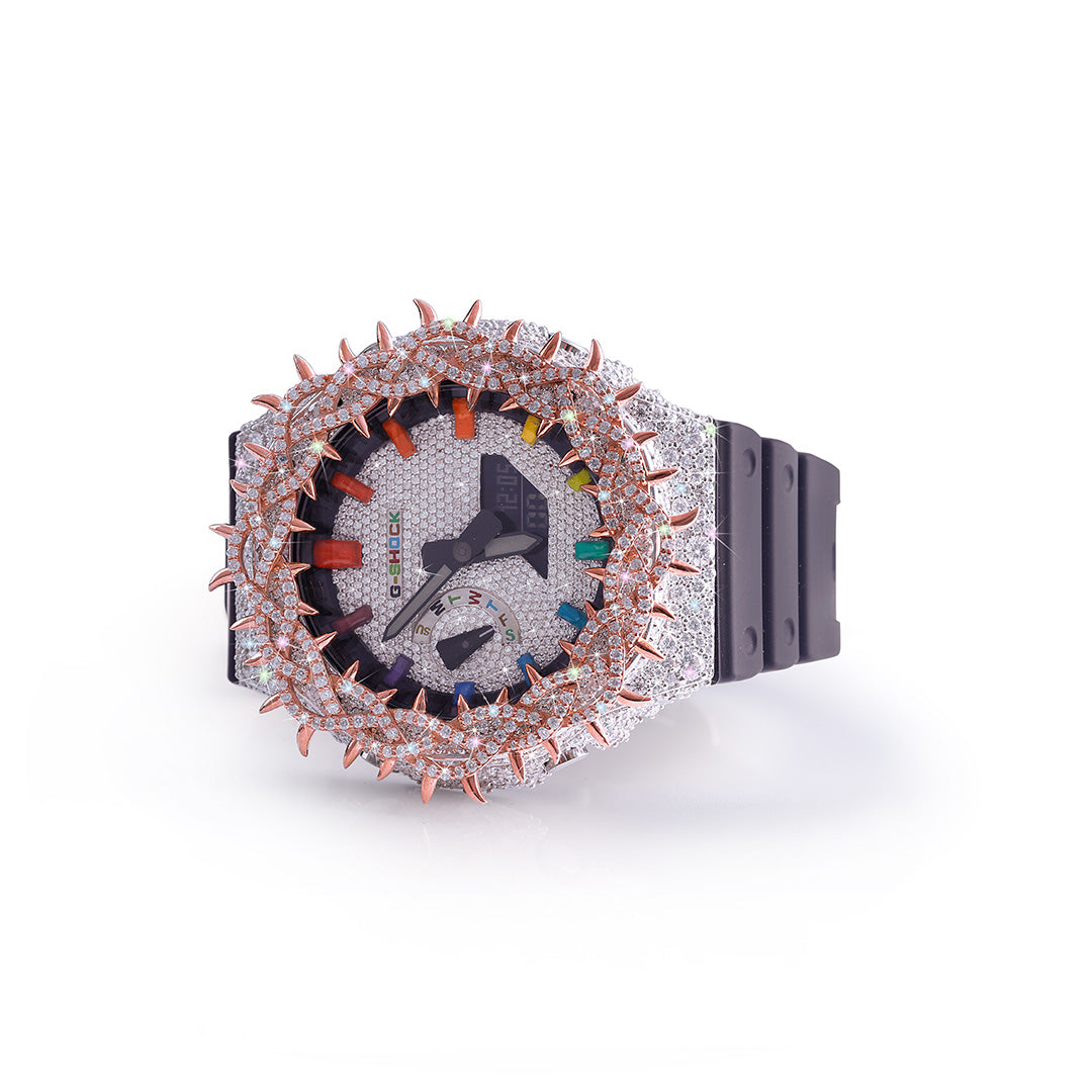 Rainbow Inferno: Diamond-Encrusted G-Shock with Rose Gold Flame Bezel