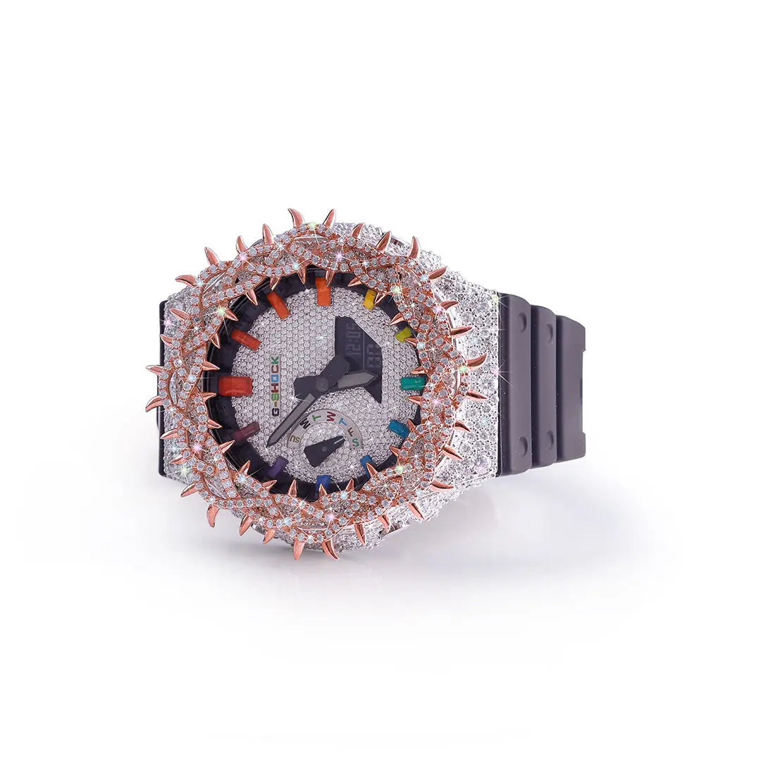 Rainbow Inferno: Diamond-Encrusted G-Shock with Rose Gold Flame Bezel Diamlux