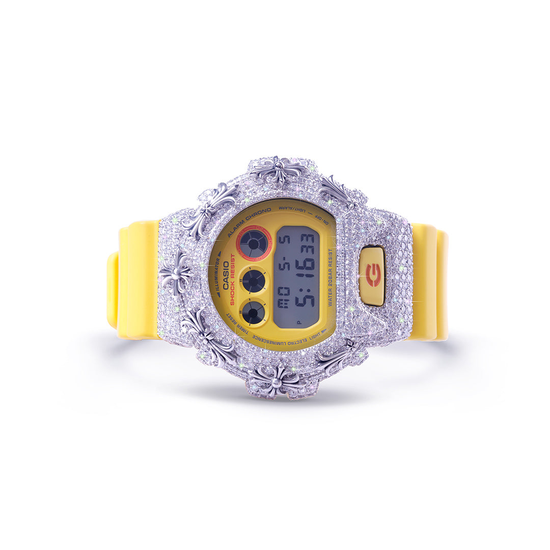 G-shock Watch with Yellow Stripe and Diamond Dail Work