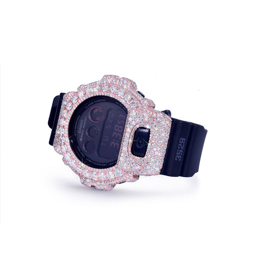 Rose Gold Iced G-Shock – Sparkling Pink Bezel with Black Strap Diamlux