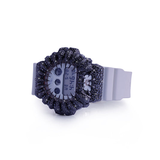 Midnight Panther G-Shock – Black Stone-Studded Bezel with White Strap Diamlux