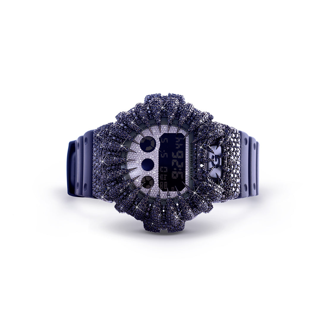 Black Ice G-Shock – Full Jet-Black Diamond Bezel with Navy Strap