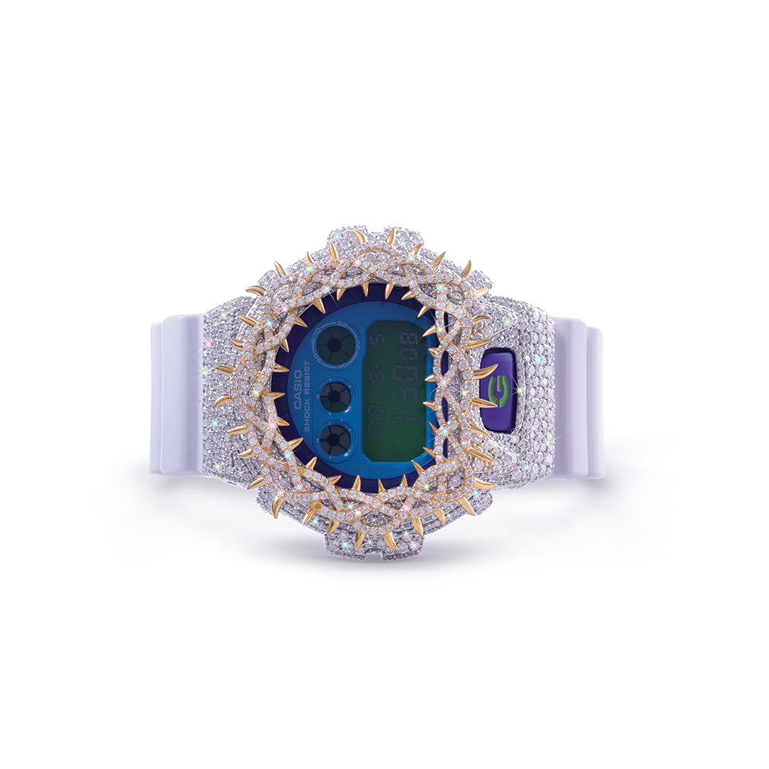 White & Gold G-SHOCK with Multi-Color Dial and Crown-Spike Bezel