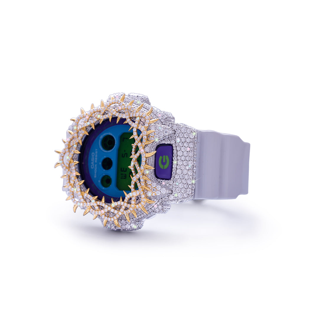 White & Gold G-SHOCK with Multi-Color Dial and Crown-Spike Bezel Diamlux