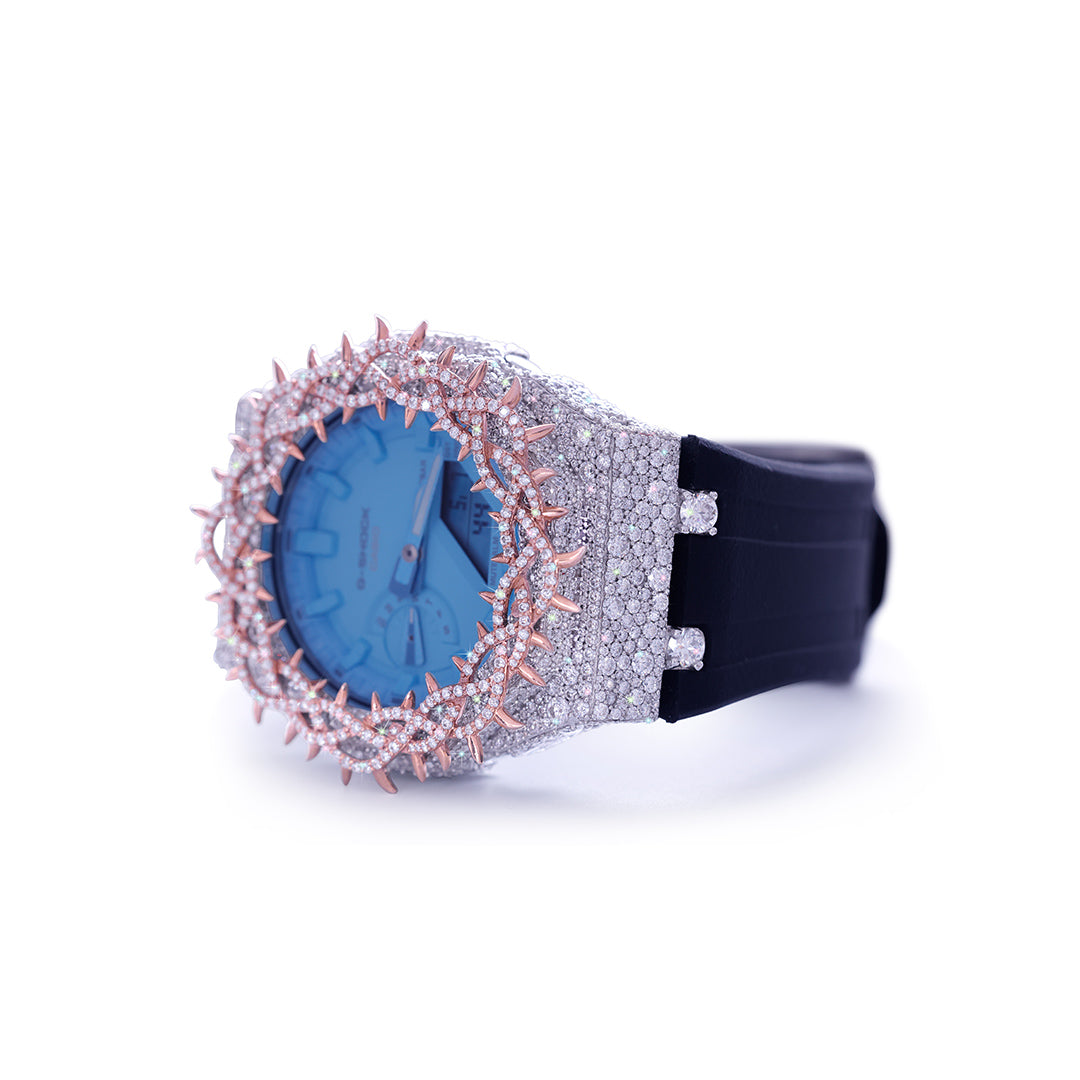 Icy Blue G-SHOCK with Rose Gold Diamond Bezel and Aqua Dial Diamlux