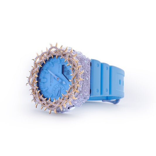 Sky Blue G-SHOCK with Iced-Out Golden Crown Bezel & Gloss Finish Diamlux