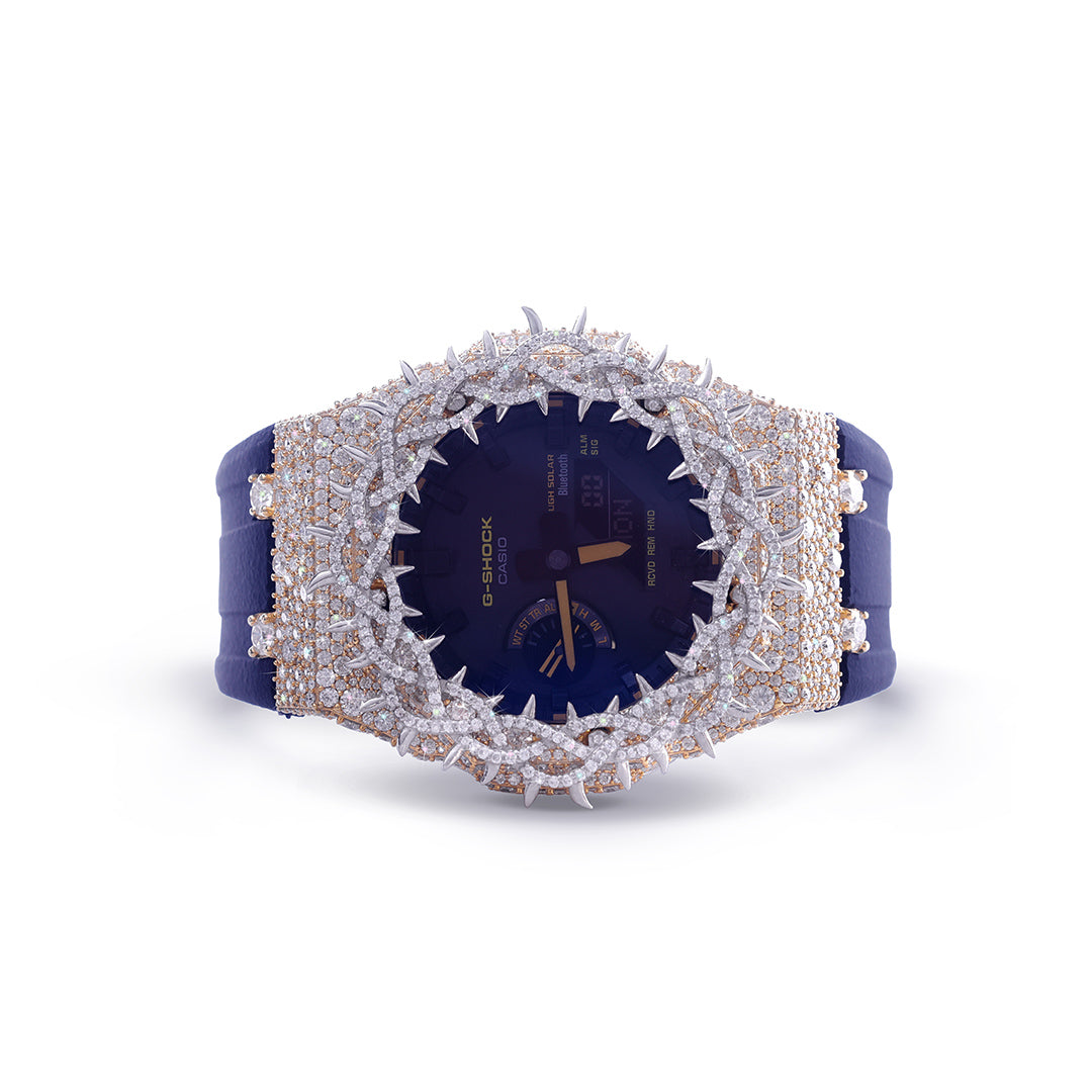Luxury Diamond G-Shock with Gold Accents – Matte Blue Strap