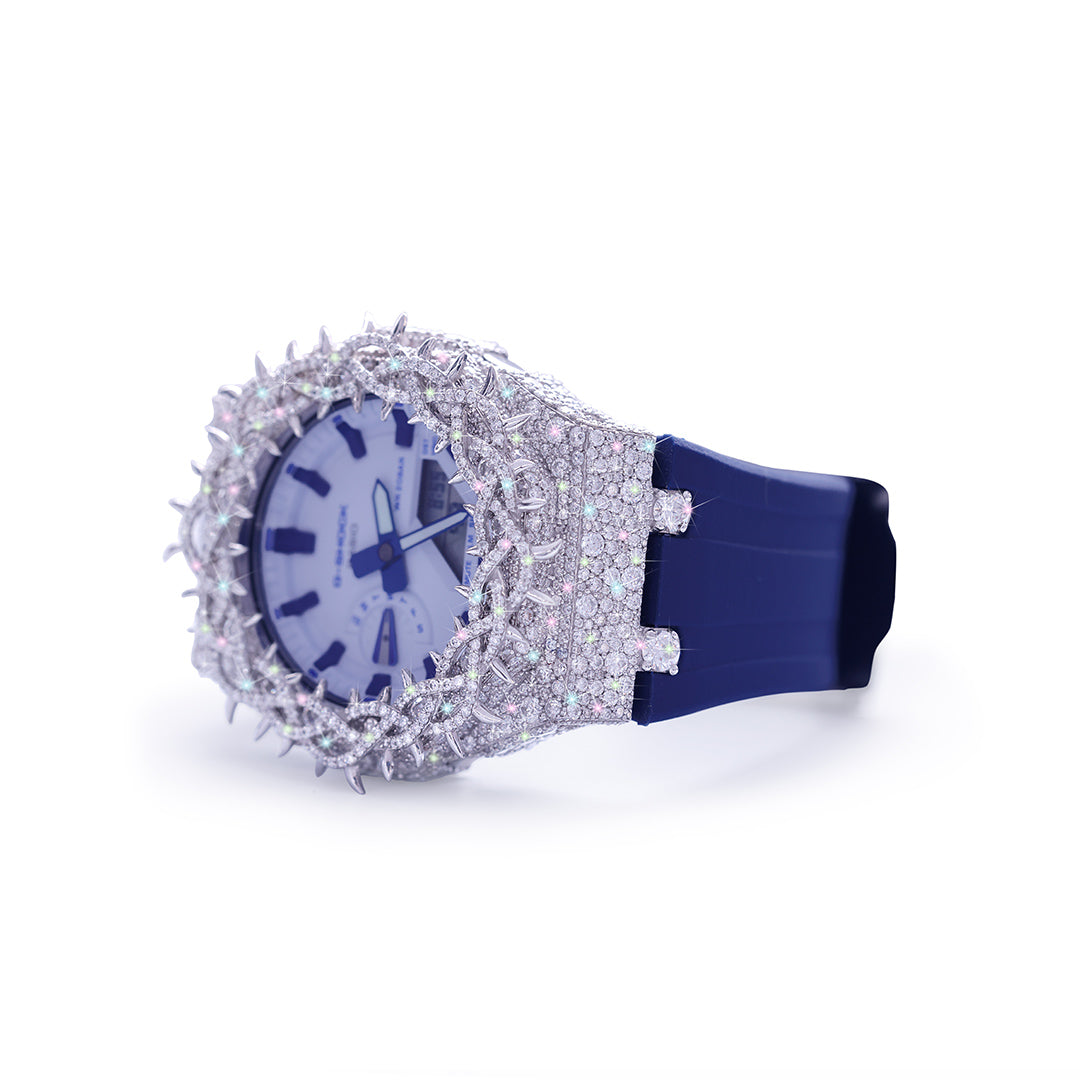 Moissanite Diamond Spiked Bezzel with Blue Dial Diamlux