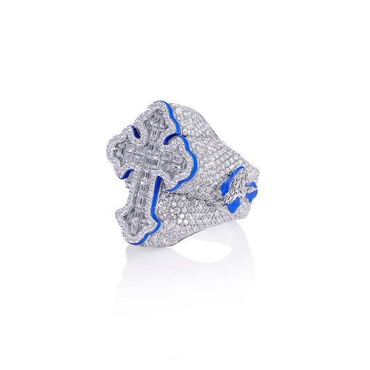 Blue Trimmed Cross Iced Ring – Bold Religious Statement Diamlux
