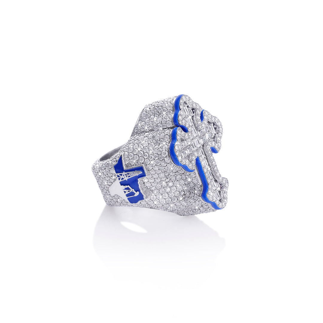 Blue Trimmed Cross Iced Ring – Bold Religious Statement