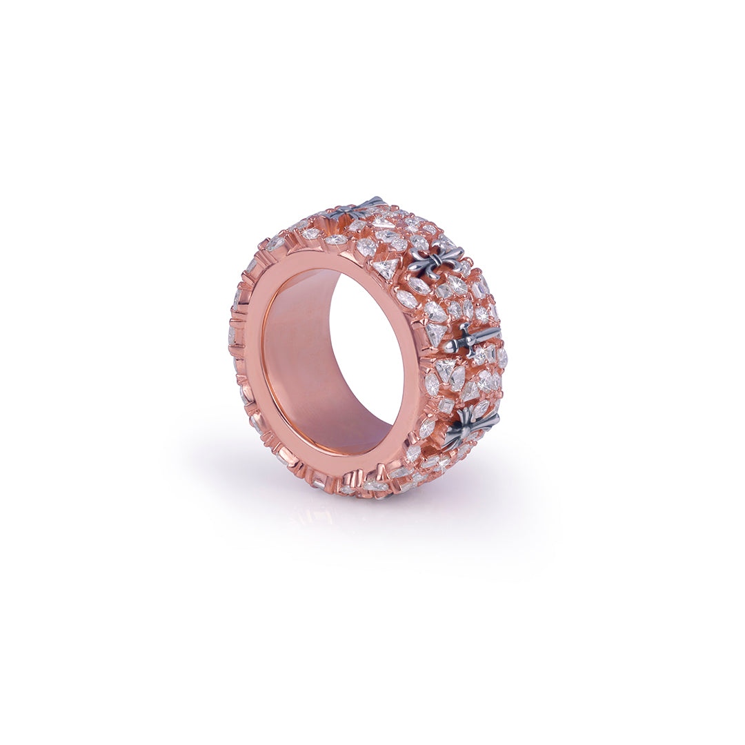 Rose Gold Band Ring with Cross & Stone Detailing