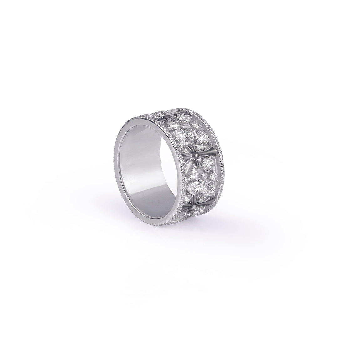 Wide White Gold Band Ring with Cross Detailing