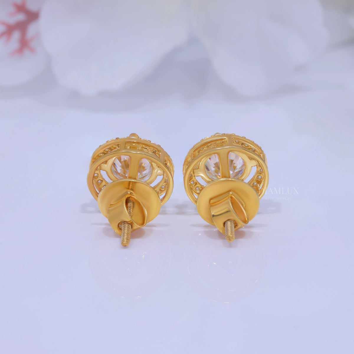 Yellow Gold Halo Diamond Stud Earrings With Moissanite Diamonds Diamlux Fine Jewelry