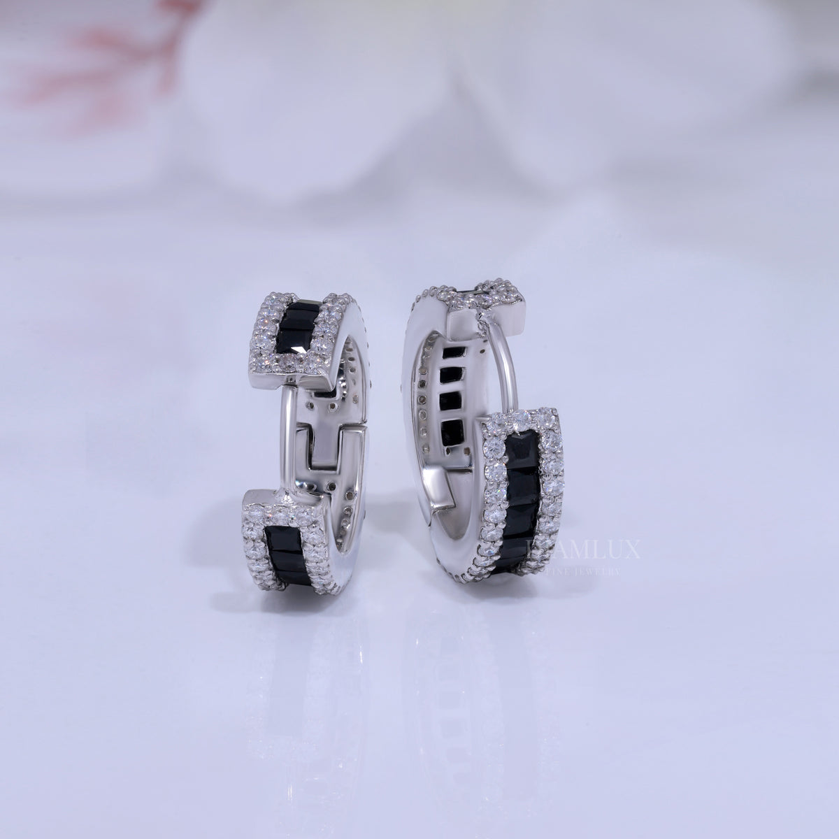 Onyx & Diamond Rectangular Hoop Earrings in 925 silver and moissanite diamonds Diamlux Fine Jewelry