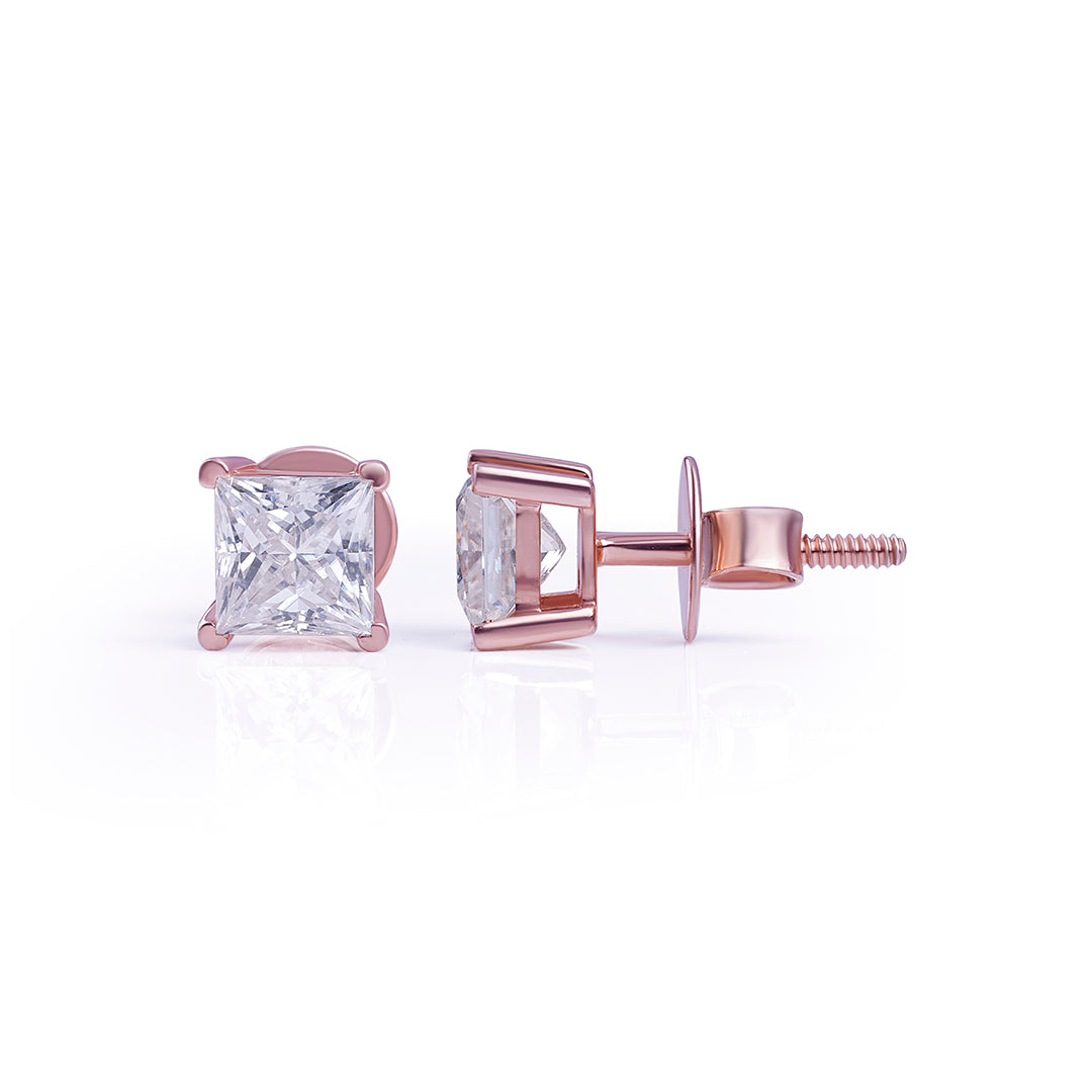 Rose Gold Princess Cut Solitaire Stud Earrings – FF-ER-0100 R Diamlux