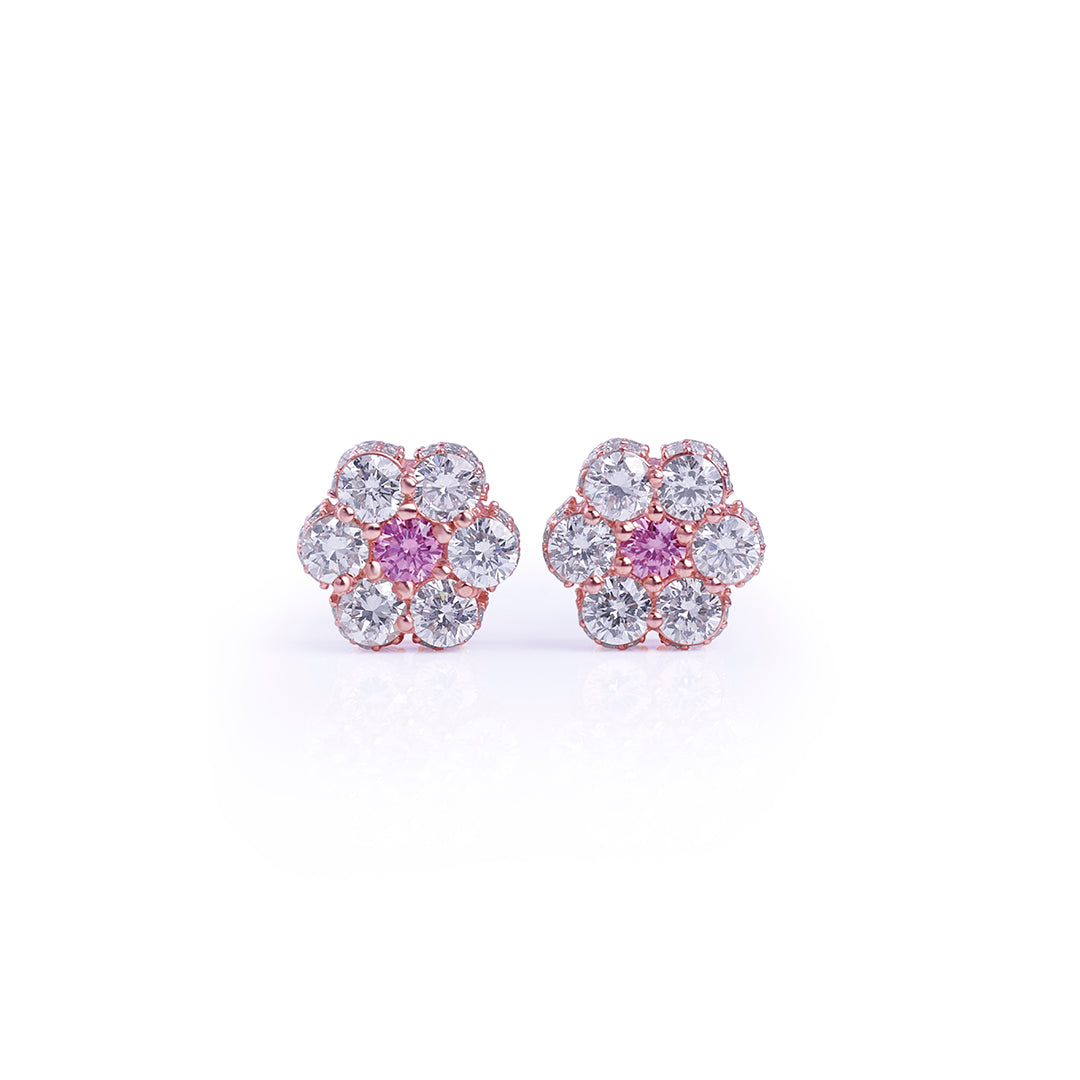 Pink Center Floral Diamond Stud Earrings in Rose Gold
