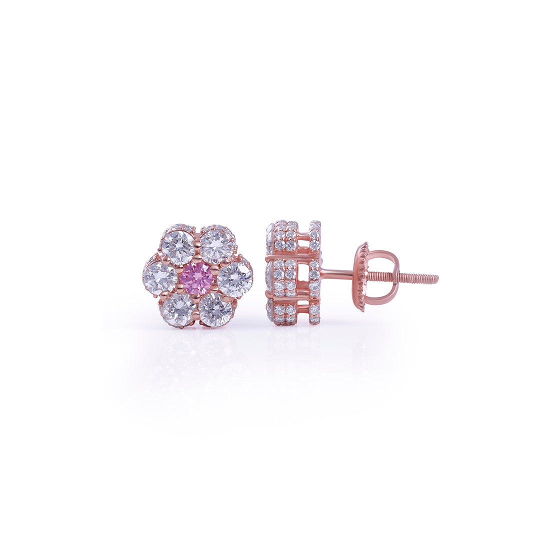 Pink Center Floral Diamond Stud Earrings in Rose Gold Diamlux