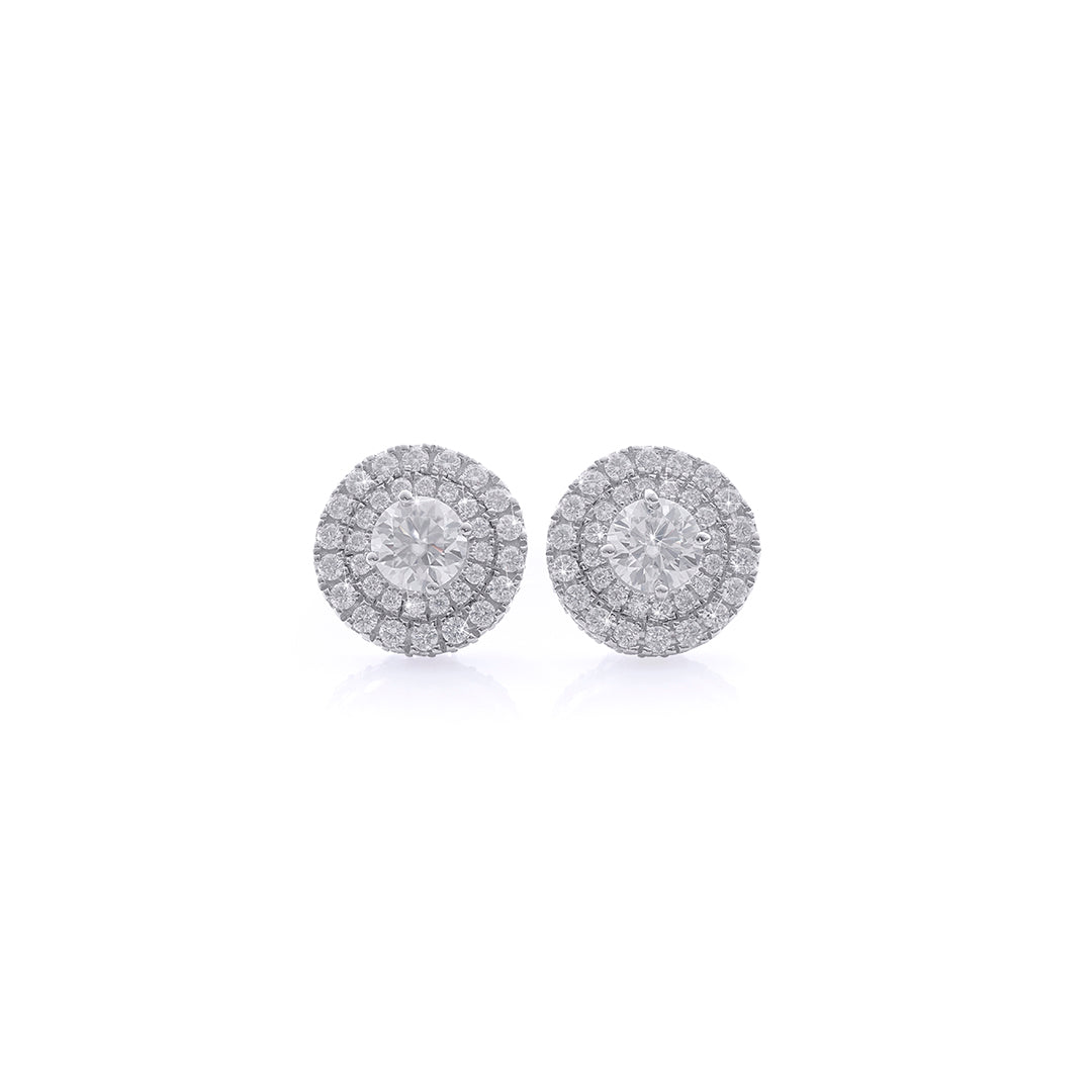 Classic Round Halo Diamond Stud Earrings in White Gold