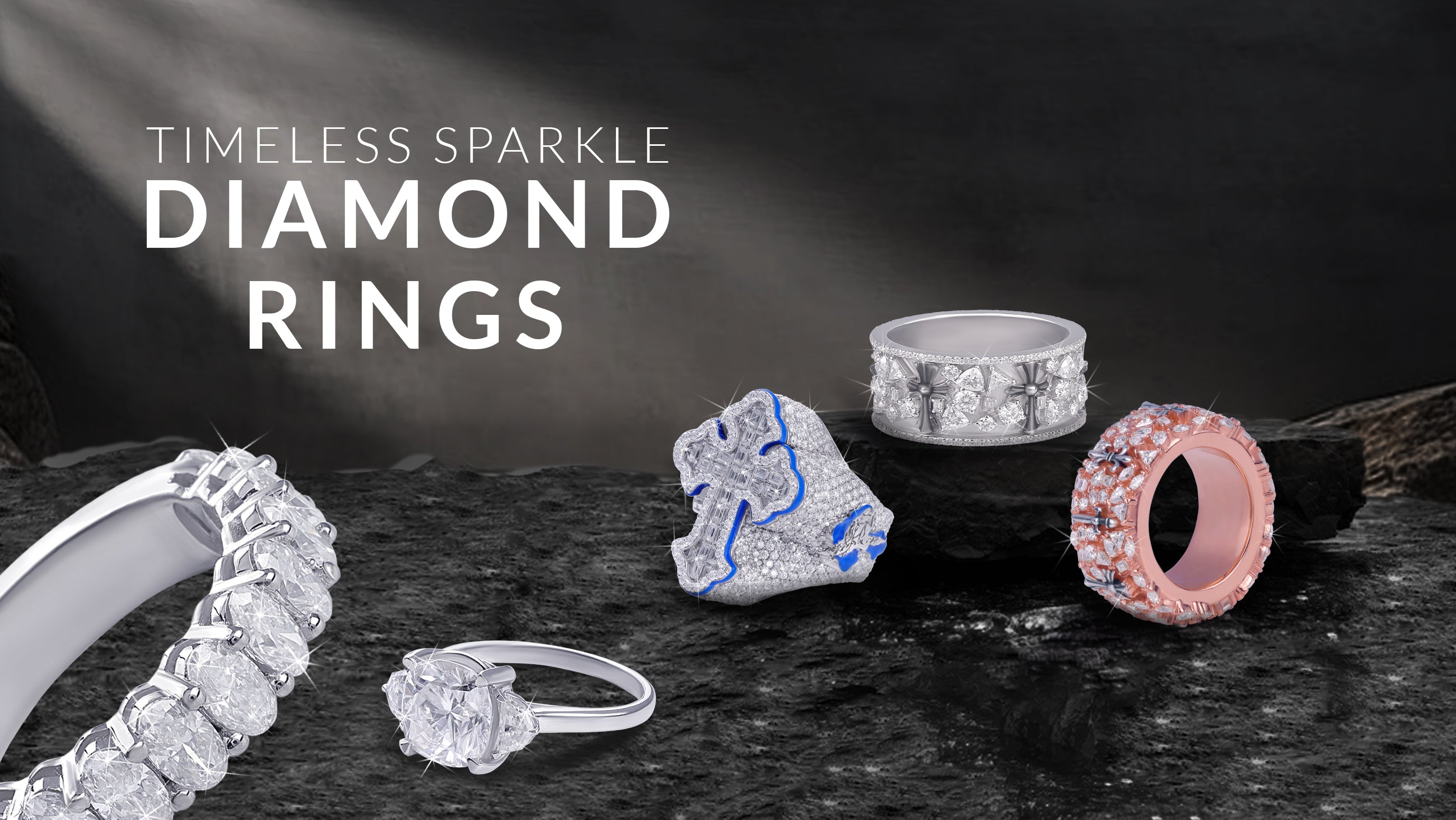 Diamond rings displayed on a dark surface with 'Timeless Sparkle Diamond Rings' text.