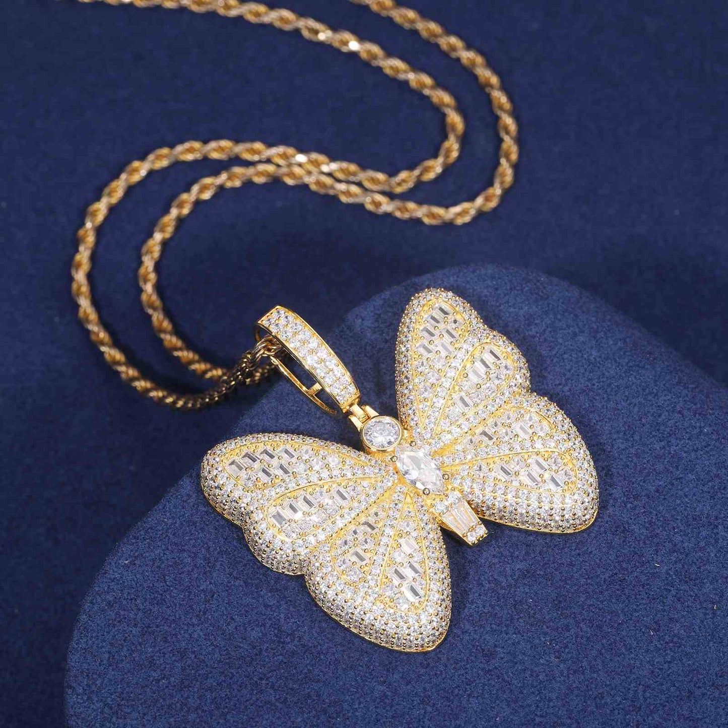 Pendant of a Micro Baguette Butterfly with Moissanite Diamond