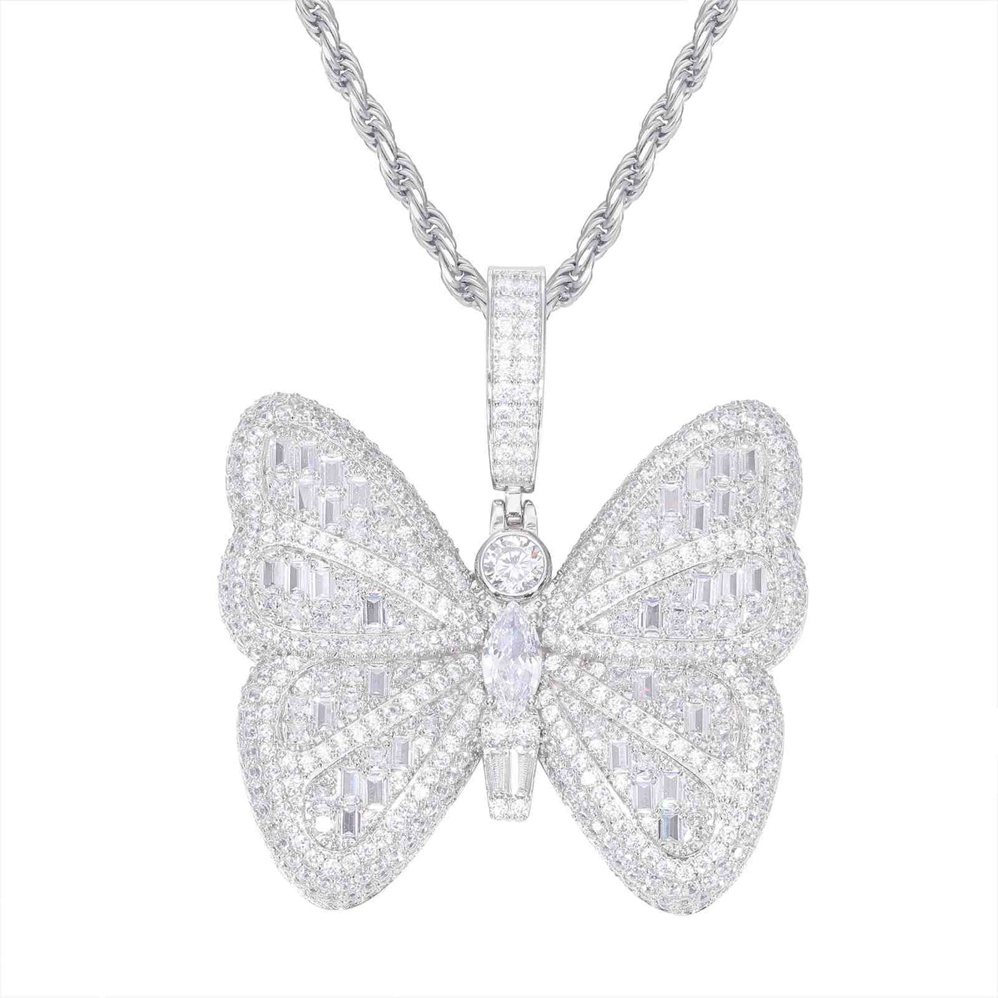 Pendant of a Micro Baguette Butterfly with Moissanite Diamond