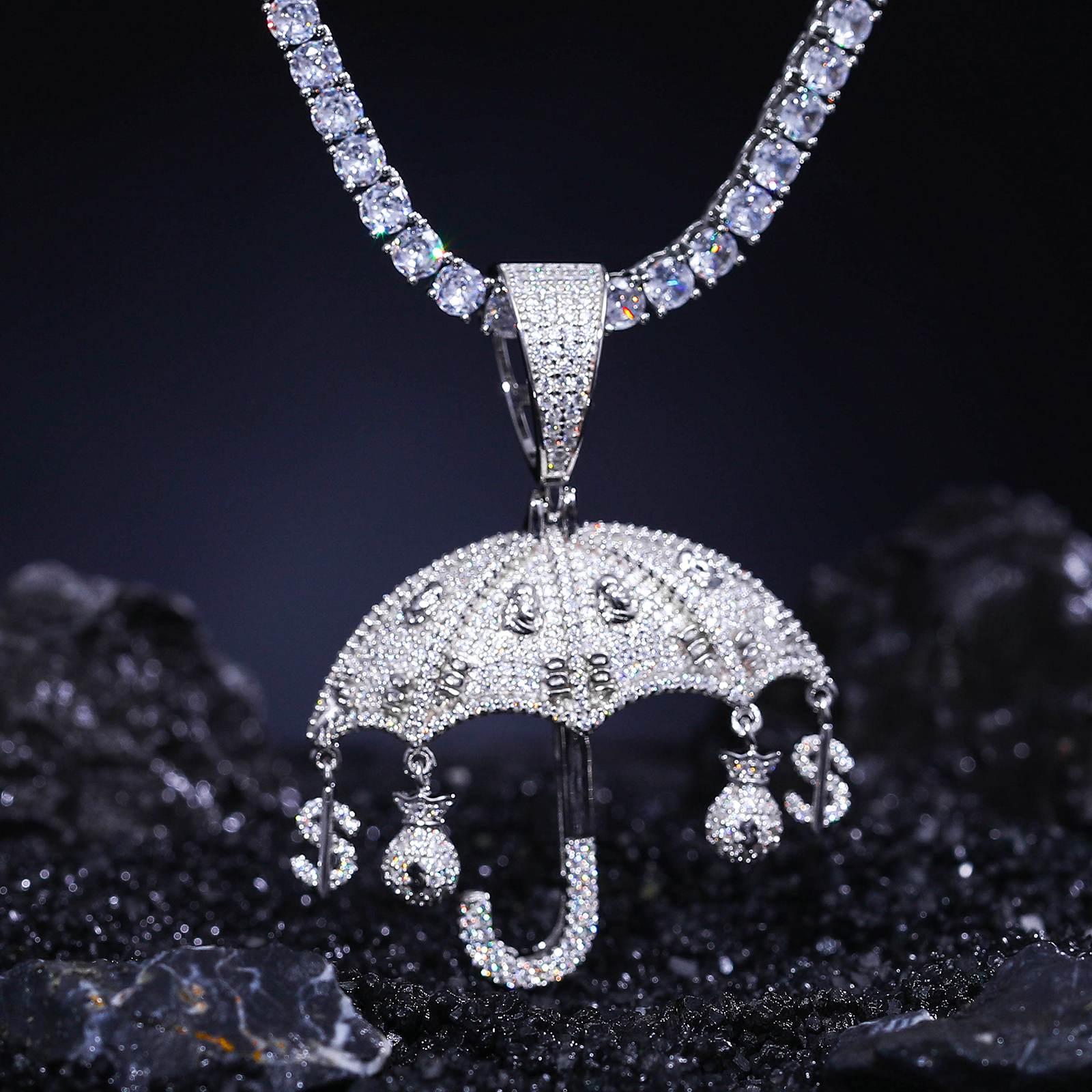 Umbrella Pendant With Money Bag and Dollar Charm with Moissanite Diamond Diamlux