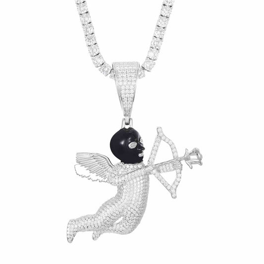 Pendant of an Angelic Cupid and a Black Masked Eros Arrow with Moissanite Diamond