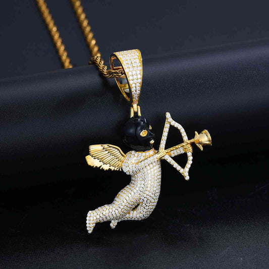 Pendant of an Angelic Cupid and a Black Masked Eros Arrow with Moissanite Diamond