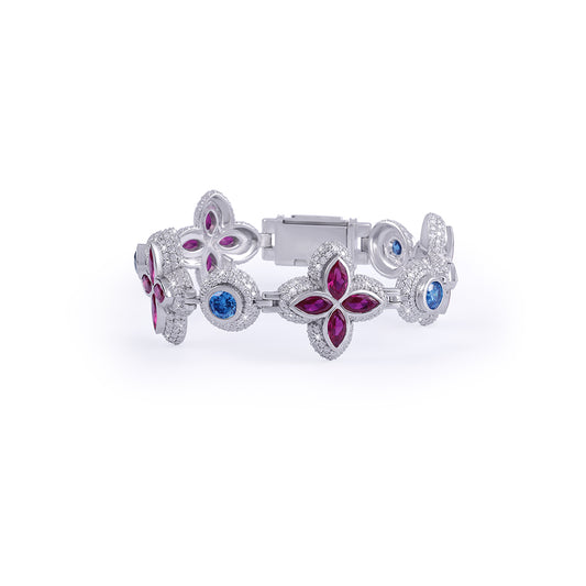 Floral Ruby & Sapphire Blossom Bracelet in White Gold-DX-BC-0104