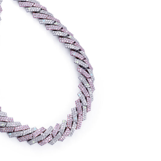 Two-Tone Pink & White Prong Set Cuban Chain – Flashy Bling Chain-DX-CN-0108