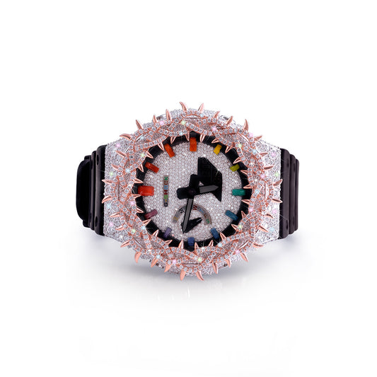 Rainbow Inferno: Diamond-Encrusted G-Shock with Rose Gold Flame Bezel