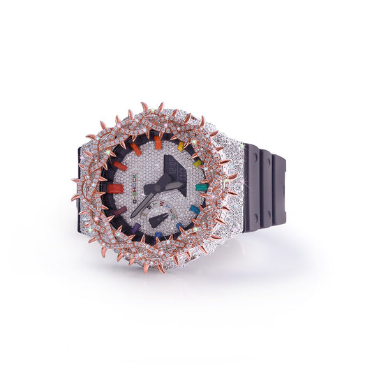 Rainbow Inferno: Diamond-Encrusted G-Shock with Rose Gold Flame Bezel