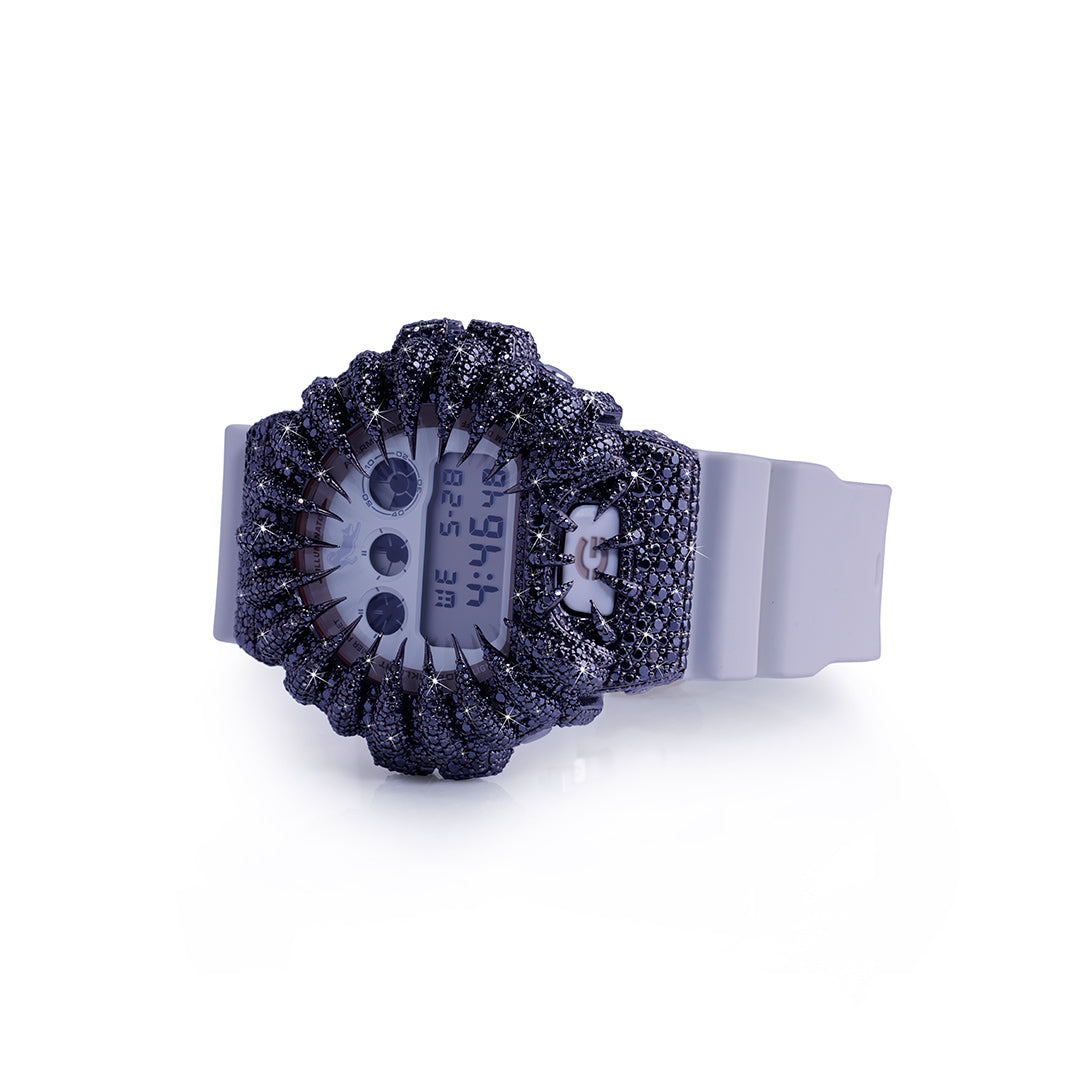 Midnight Panther G-Shock – Black Stone-Studded Bezel with White Strap Diamlux