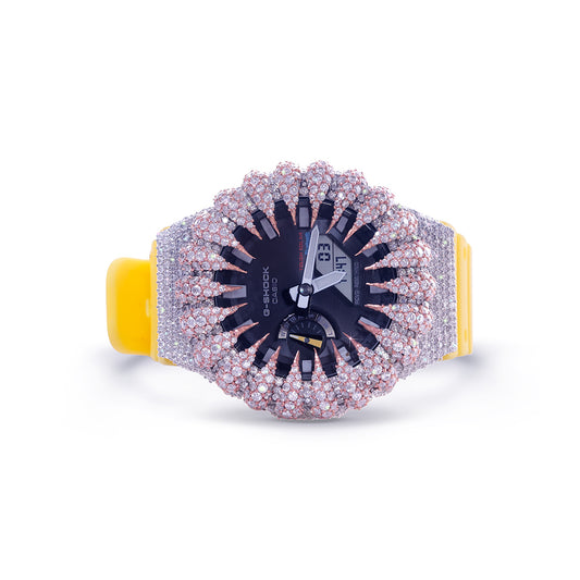 Rose Gold Bezel Iced G-Shock – Yellow Strap Luxury Model