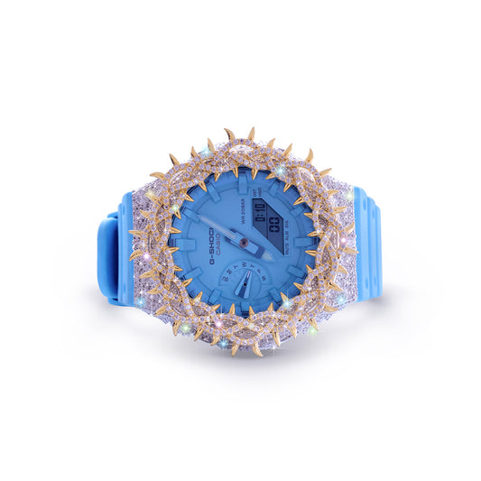 Sky Blue G-SHOCK with Iced-Out Golden Crown Bezel & Gloss Finish