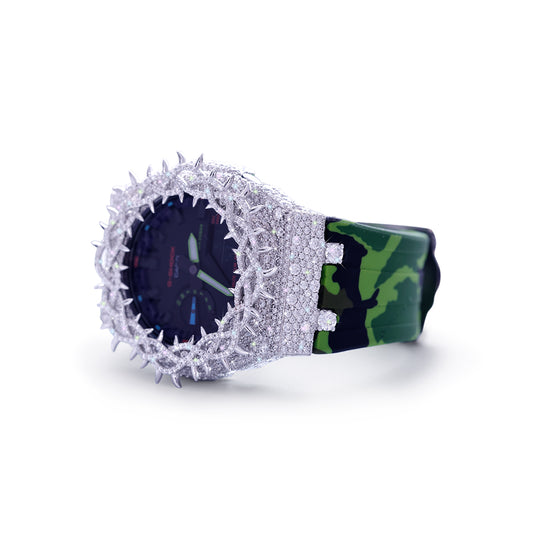 Custom Diamond G-Shock – Spike Bezel with Green Camo Strap