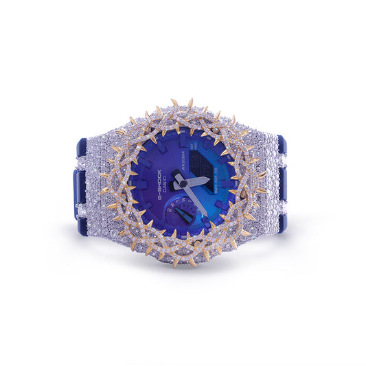 Blue Dial G-Shock with Gold Spiked Iced-Out Bezel