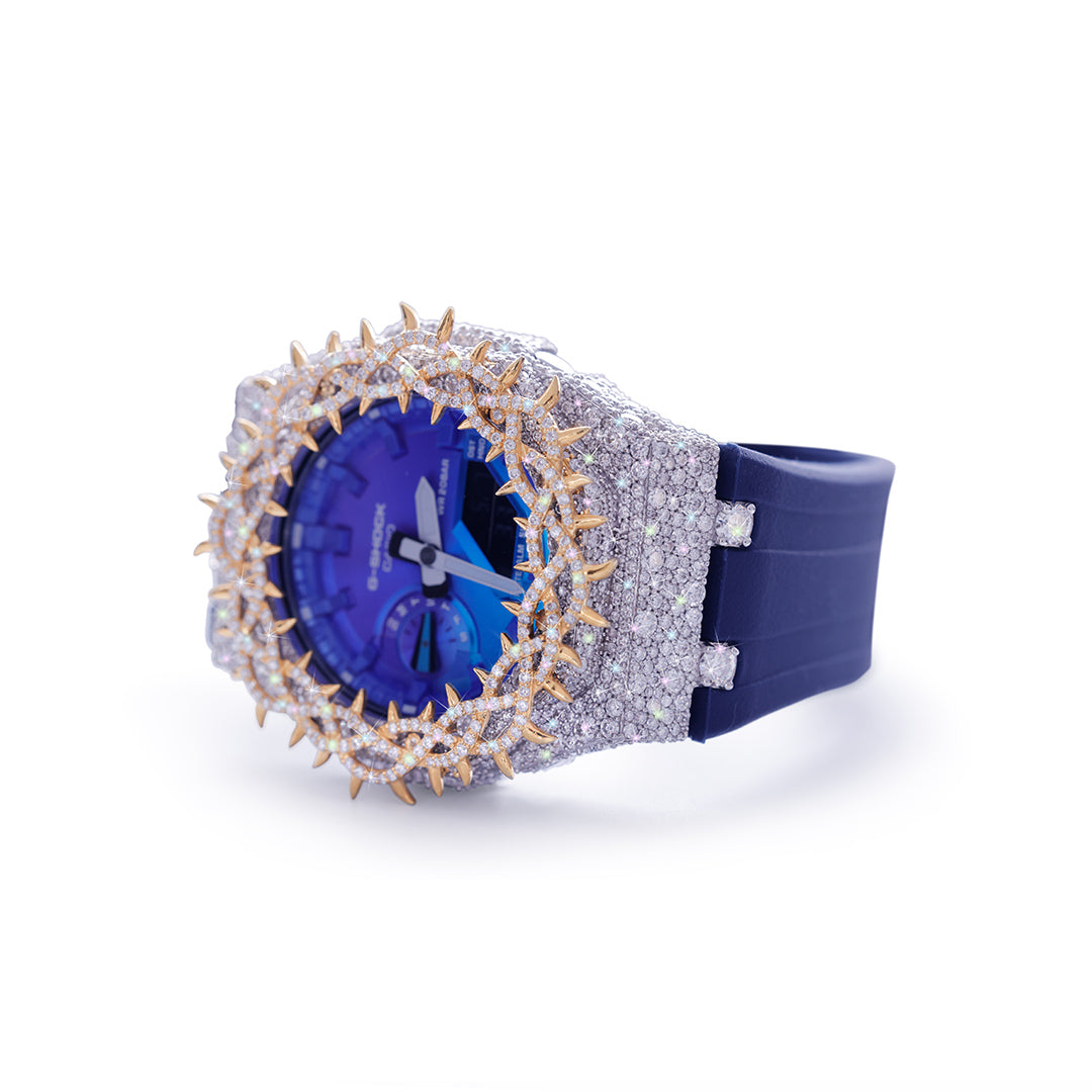 Blue Dial G-Shock with Gold Spiked Iced-Out Bezel Diamlux