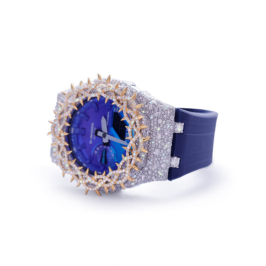 Blue Dial G-Shock with Gold Spiked Iced-Out Bezel